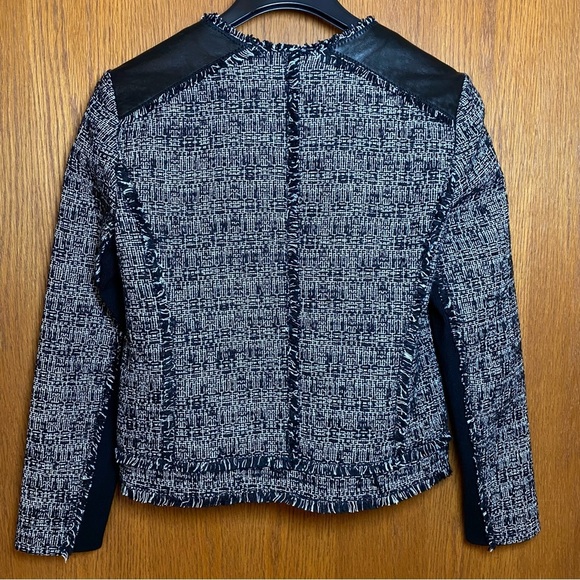 REBECCA TAYLOR Sz 4 Black/White Tweed Zip Lined Jacket Lamb Leather Accents - Picture 2 of 16